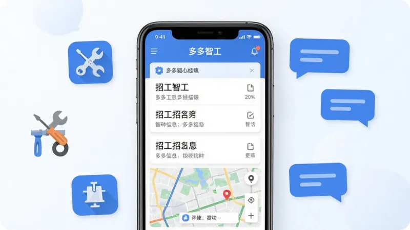 一张展示“多多智工”软件核心界面的手机样机图,画面中央是手机屏幕,屏幕内显示着清晰的招工信息列表和地图找活功能,周围环绕着工具图标和聊天气泡,整体布局简洁明了,风格现代扁平化,色彩以蓝色和白色为主,细节精致,画质干净无多余元素