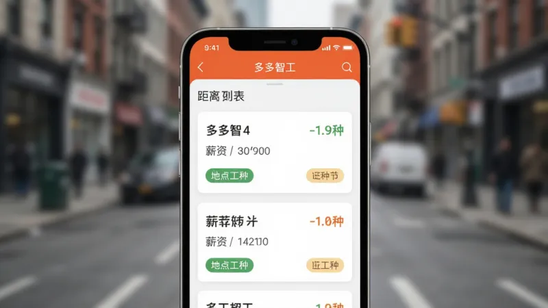 一张展示“多多智工”APP内岗位列表页面的特写图,画面主体是手机屏幕,屏幕上显示着按距离排序的招工卡片,卡片上标注着薪资、地点和工种标签,背景是模糊的城市街道,风格写实,画质清晰,突出信息层次感