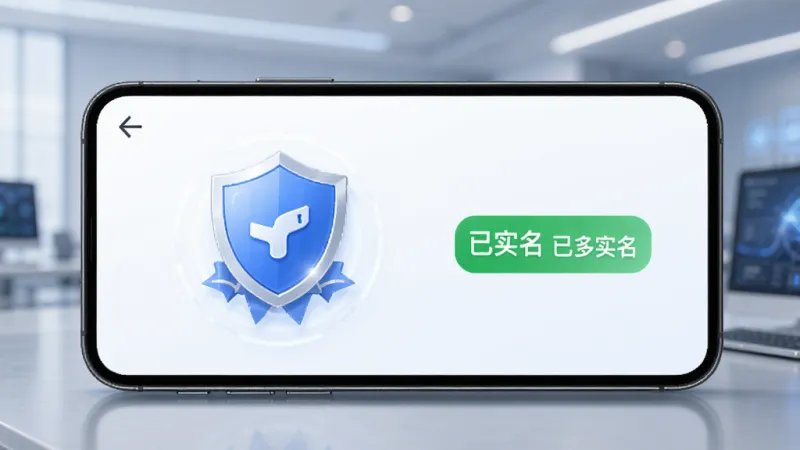 一张展示“多多智工”实名认证与安全中心界面的示意图,手机屏幕显示着盾牌图标和认证徽章,旁边有“已实名”的标签,背景干净,风格商务科技感,画质清晰,强调安全可信赖的氛围