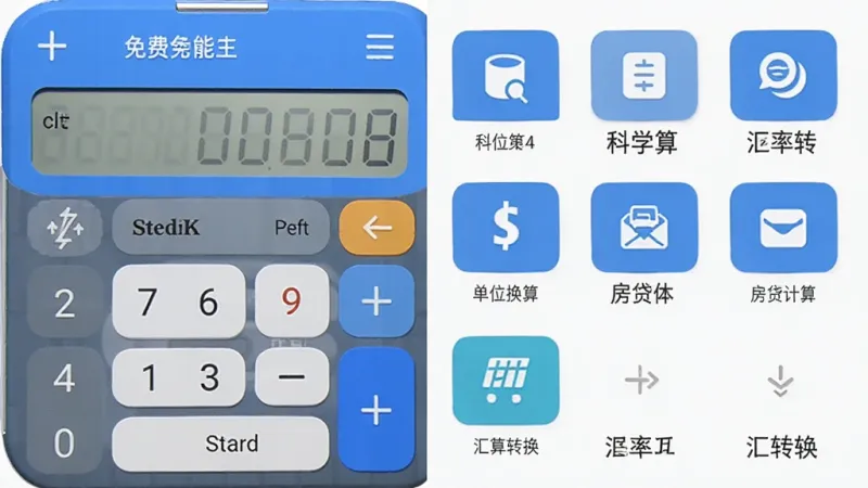 免费计算器万能王 手机应用主界面 展示 标准计算器键盘 科学计算功能 单位换算 房贷计算 汇率转换 多个功能图标 蓝白配色 简洁现代扁平风格 布局清晰 画质干净 无多余元素
