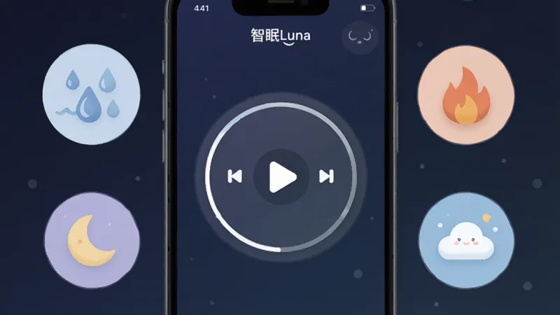 画面展示「智眠Luna」App内部的音景选择界面,手机屏幕中央是一个圆形的音景播放器,周围环绕着代表不同声音的图标,比如雨滴、海浪、火焰、月亮、云朵等,图标以扁平化风格绘制,颜色柔和,背景是深色渐变,整体布局清晰有序,风格现代简约,细节圆润可爱,画质高清干净无多余元素