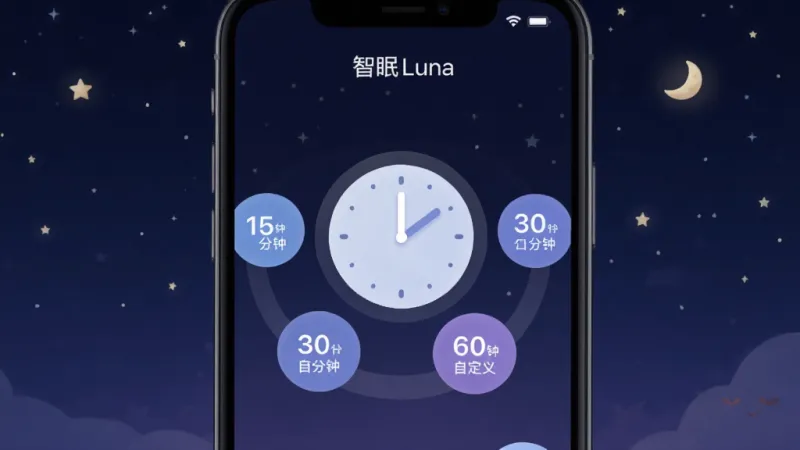 画面展示「智眠Luna」App的定时关闭设置界面,手机屏幕中央是一个圆形的时钟图标,时钟周围有15分钟、30分钟、60分钟和自定义等选项按钮,按钮以柔和的蓝色和紫色为主,背景是深邃的夜空和星星,整体排版简洁直观,风格温馨安静,细节精致清晰,画质高清干净无多余元素