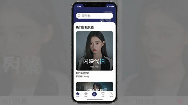 一张手机应用界面截图,画面中央是闪映代拍App的首页,顶部有搜索栏,中间展示热门影视代拍选项,底部是导航栏,整体配色以深蓝和白色为主,风格简洁现代,画质清晰,无多余元素
