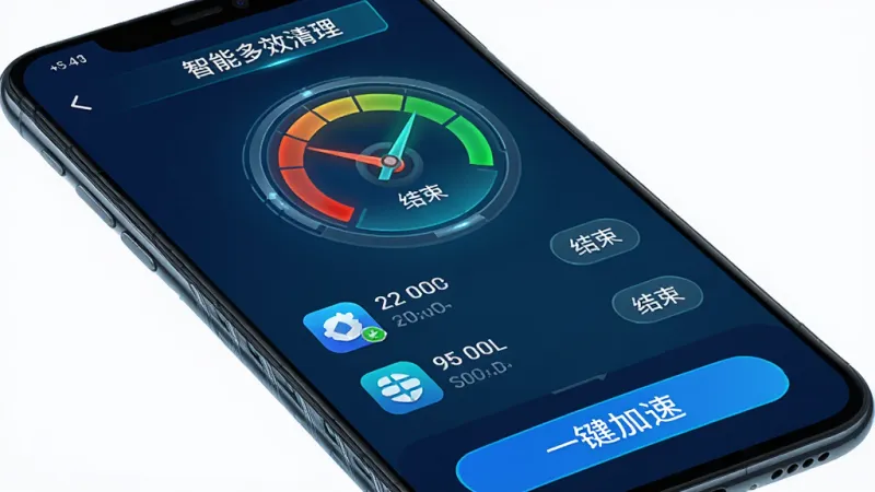 手机屏幕显示“智能多效清理”的内存加速界面，界面中央有一个圆形的内存占用仪表盘，指针从红色区域转向绿色区域，仪表盘下方列出正在后台运行的应用图标和占用内存大小，每个应用右侧有“结束”按钮，界面底部有“一键加速”的蓝色按钮，整体风格科技感十足，配色以深蓝和青色为主，画质清晰锐利，无多余元素