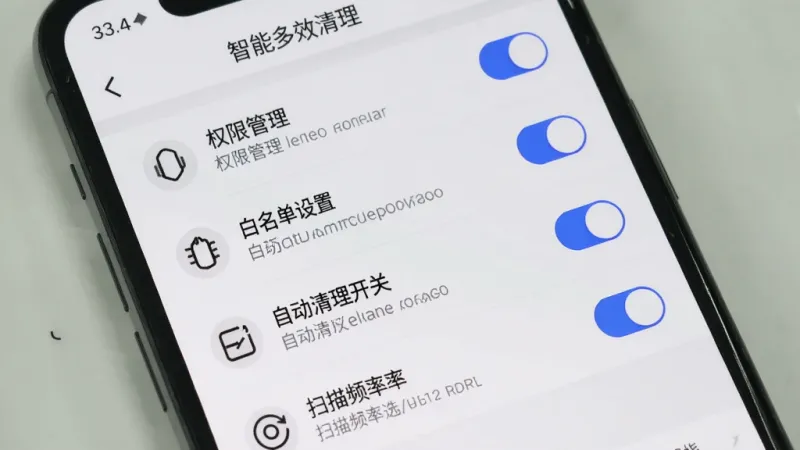 手机屏幕显示“智能多效清理”的设置页面，页面中有权限管理、白名单设置、自动清理开关、扫描频率选择等选项，每个选项旁边有简洁的图标和说明文字，界面以白色和浅灰色为主，开关按钮为蓝色，整体布局整齐清晰，风格简约实用，画质干净无多余元素