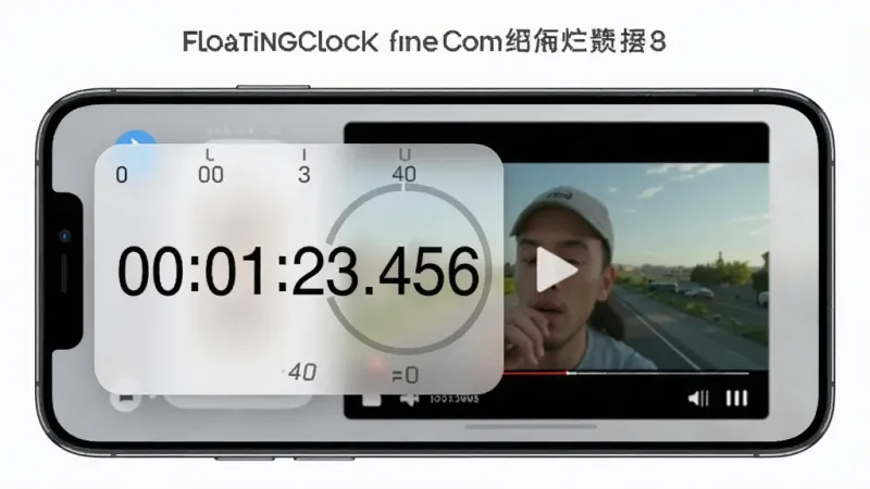 悬浮时钟FloatingClock功能展示图,画面中一部手机横屏显示,屏幕左侧是一个半透明的悬浮秒表窗口,显示着“00:01:23.456”,右侧是手机正在播放视频的画面,悬浮窗浮在视频上方,布局清晰展示多任务场景,风格写实,细节上秒表数字清晰锐利,画质干净无多余元素。