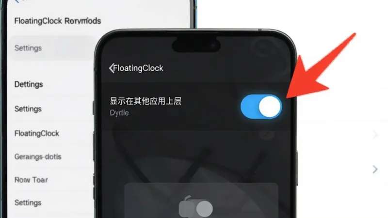 悬浮时钟FloatingClock权限设置示意图,画面中手机屏幕上显示着“显示在其他应用上层”的权限开关界面,旁边有一个红色的箭头指向开关,背景是手机的设置菜单,布局清晰,风格简洁,细节上开关按钮高亮显示,画质干净无多余元素。