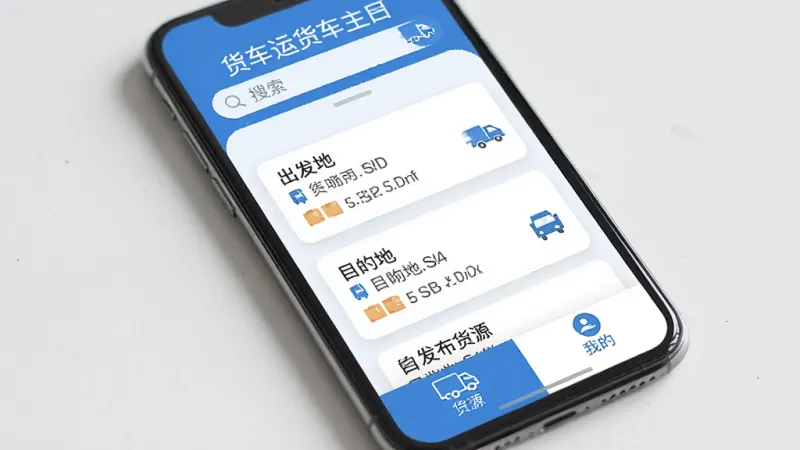 一张手机屏幕展示着“货车运货车主”APP的主界面，界面布局清晰，顶部是搜索栏，中间是货源列表卡片，显示着出发地、目的地和货物信息，底部有发布货源和我的两个选项卡。整体风格简洁明快，以蓝色和白色为主色调，图标设计扁平化，画面干净整洁，画质清晰，没有多余的装饰元素。