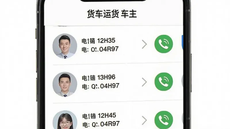 一张手机界面示意图，展示“货车运货车主”APP的通话记录页面，列表中有多个联系人头像和电话号码，每个条目旁边有一个绿色的电话图标。界面设计简洁，背景为白色，文字清晰，整体风格清爽，画质干净。