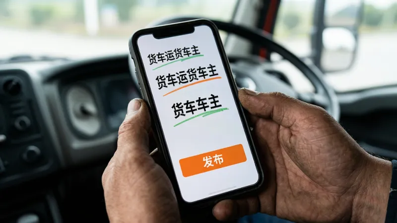 一张特写照片，展示一双粗糙的手握着一部智能手机，手机屏幕上显示着“货车运货车主”的发布货源页面，页面设计有大号的字体和醒目的橙色发布按钮。背景是模糊的卡车驾驶室内部，光线自然，风格写实，画质清晰，强调真实使用场景。