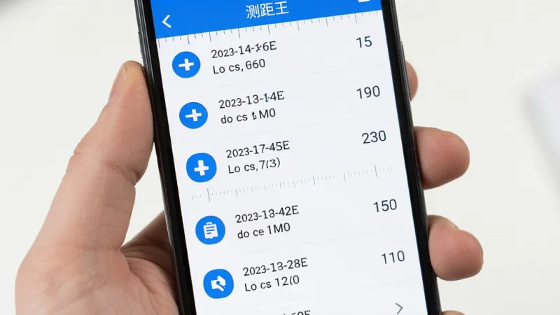 免费尺子测距王 手机屏幕显示测量历史记录列表 每条记录有日期和数值 界面清爽 白色背景 蓝色图标 画质清晰 干净 无多余元素