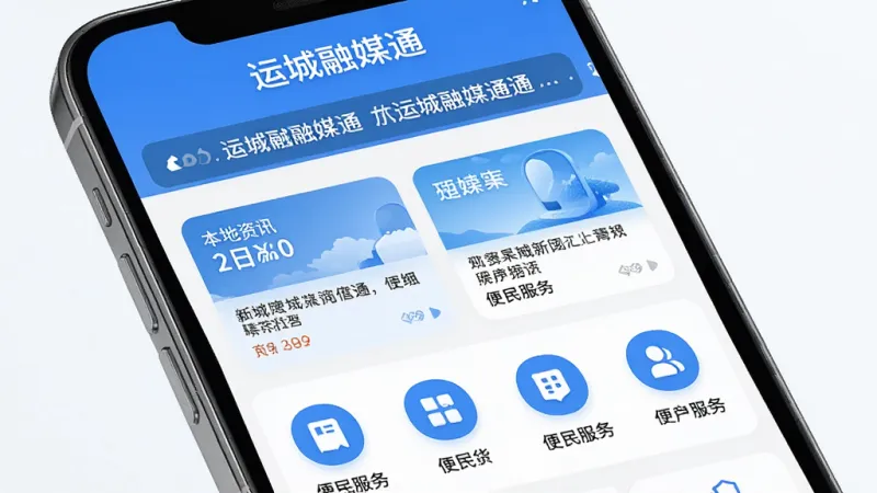 画面主体是一部智能手机，屏幕显示“运城融媒通”App的首页界面，布局顶部是滚动新闻横幅，中间是本地资讯卡片和便民服务图标，排版清晰整洁，风格为现代扁平化科技蓝，细节上图标圆润、文字锐利，整体画质高清干净无多余元素。