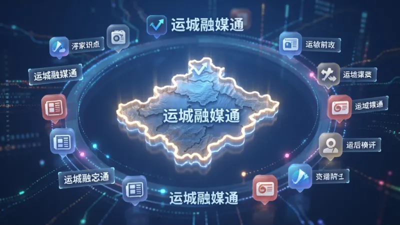 生图提示词：画面中心是一个发光的运城地图轮廓，周围环绕着各种新闻图标和文字标签“运城融媒通”，布局采用环绕式构图，风格为科技感数据流，细节上地图纹理清晰、光效柔和，整体画质干净无多余元素。