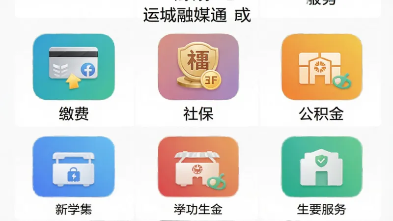 生图提示词：画面展示“运城融媒通”App的便民服务界面，布局为九宫格图标排列，包含“缴费”、“社保”、“公积金”等文字标签，风格简洁商务，细节上图标色彩鲜明、文字清晰，整体画质干净无多余元素。