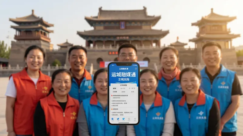 生图提示词：画面展示一群志愿者在运城标志性建筑前合影，手机屏幕悬浮显示“运城融媒通”App的文明实践页面，布局为前后景虚化对比，风格温暖阳光，细节上人物笑容灿烂、光线自然，整体画质干净无多余元素。