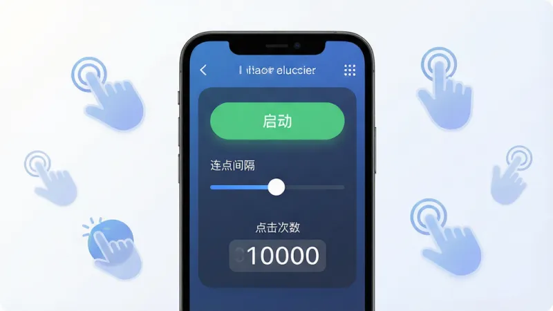 智能连点自动点击器 软件主界面全貌展示，画面中央是手机屏幕，屏幕内显示智能连点自动点击器的操作面板，面板上有启动按钮、连点间隔设置滑块、点击次数计数器，背景为简洁的浅色渐变，手机周围散落几个半透明的点击手势图标，整体风格现代扁平化，细节圆润，画质干净清晰无多余元素