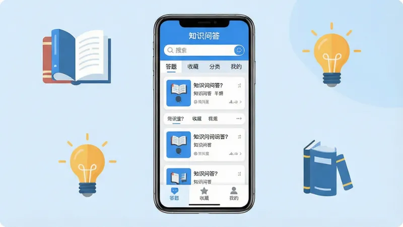 知识问答软件主界面全貌展示,画面中央是一部智能手机,屏幕显示知识问答应用首页,顶部有搜索栏和分类标签,中间是卡片式题目列表,底部有答题、收藏、我的三个导航按钮,整体布局清晰,蓝白配色为主,风格现代简洁,画质干净,无多余元素,手机周围有书本和灯泡的扁平化图标点缀,文字清晰可见“知识问答”字样