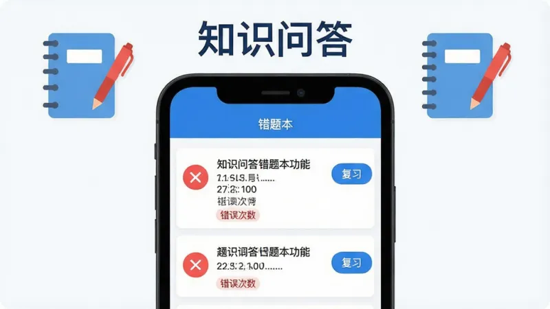 知识问答错题本功能展示,画面中央是手机屏幕,显示错题本列表页面,每道错题有题目摘要和错误次数标记,左侧有红色叉号图标,右侧有复习按钮,整体布局整洁,蓝白配色,背景干净,手机上方有“知识问答”文字,旁边有笔记本和红笔的扁平化图标,画质清晰,无多余元素