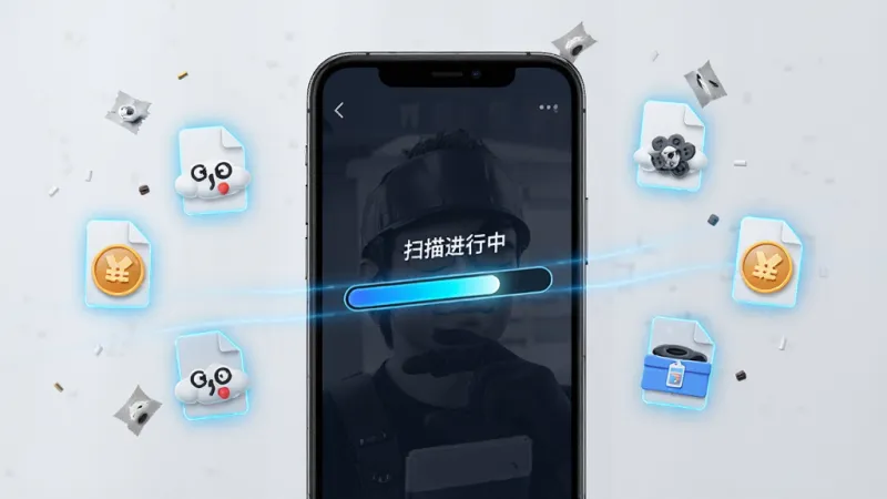 小达清理 扫描进行中 手机界面 进度条动画 周围漂浮各类垃圾文件图标 蓝色光效 科技感 干净背景 画质清晰