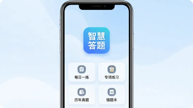 智慧答题题库App主界面全貌展示，手机屏幕中央显示“智慧答题题库”应用图标和启动页，背景为淡蓝色渐变，界面布局包含每日一练、专项练习、历年真题、错题本四个主要功能入口，风格简洁扁平化，细节处有柔和的圆角设计，画质干净清晰，无多余装饰元素