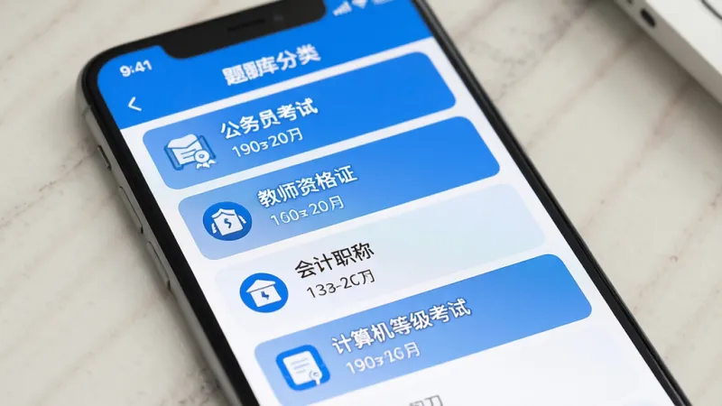智慧答题题库海量题库展示，手机屏幕显示题库分类列表，包含公务员考试、教师资格证、会计职称、计算机等级考试等条目，每个分类下方有题目数量标注，界面以蓝色和白色为主色调，列表排列整齐，图标简约清晰，风格现代教育类App设计，画质干净无多余元素