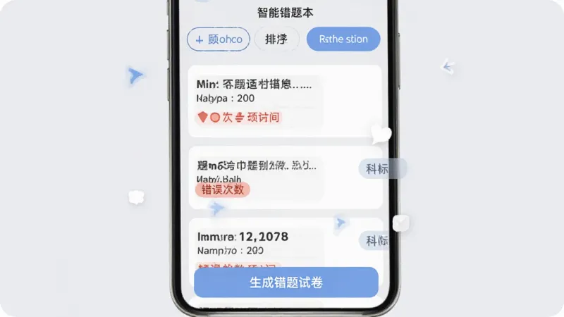 智慧答题题库智能错题本界面，手机屏幕展示错题列表，每条错题包含题目摘录、错误次数标记和所属科目标签，顶部有筛选排序按钮，底部有生成错题试卷的入口，界面配色柔和，以浅灰色和蓝色点缀，布局清晰易读，画质干净无多余元素