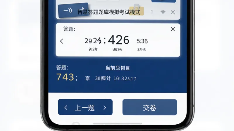 智慧答题题库模拟考试模式界面，手机屏幕显示考试倒计时、答题卡和当前题目，底部有上一题下一题和交卷按钮，界面风格严肃简洁，以深蓝色和白色为主，突出考试氛围，布局符合考试系统操作习惯，画质干净无多余元素