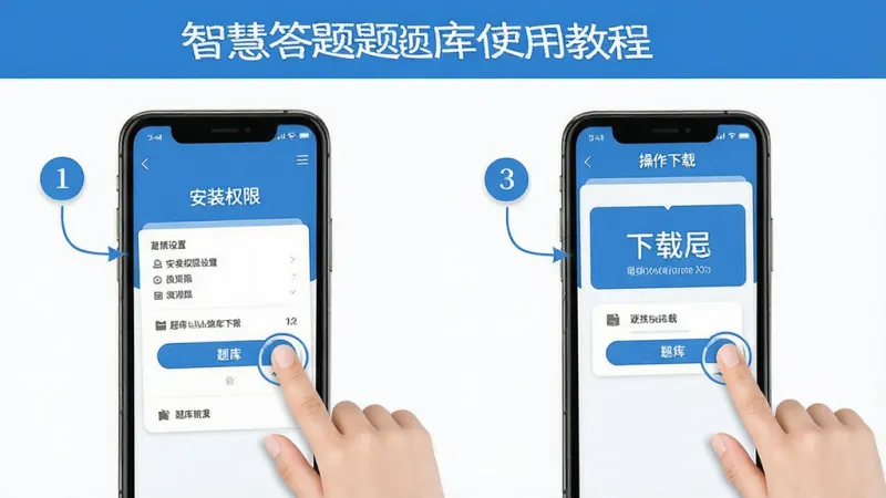 智慧答题题库使用教程示意图，手机屏幕展示安装权限设置和题库下载界面，画面中有手指点击操作的示意，界面以蓝色和白色为主，标注清晰的操作步骤序号，风格直观易学，画质干净无多余元素