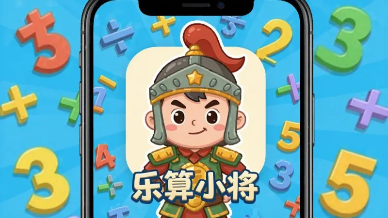 一张展示“乐算小将”App核心界面的手机屏幕截图,画面中央是“乐算小将”的卡通小将军形象,背景是充满活力的数学符号和数字,布局简洁明快,风格是扁平化卡通,细节上数字和符号有轻微立体感,画质清晰干净,无多余元素。