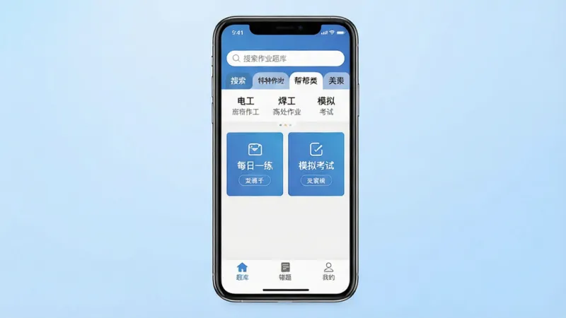 一张展示特种作业题库帮app核心界面的手机屏幕截图,画面中央是手机屏幕,屏幕内显示特种作业题库帮的首页,顶部有搜索框和考试分类标签,如电工、焊工、高处作业等,中间是每日一练和模拟考试入口,底部是题库、错题、我的三个导航按钮,背景为浅蓝色渐变,整体风格简洁现代,画质清晰,干净无多余元素