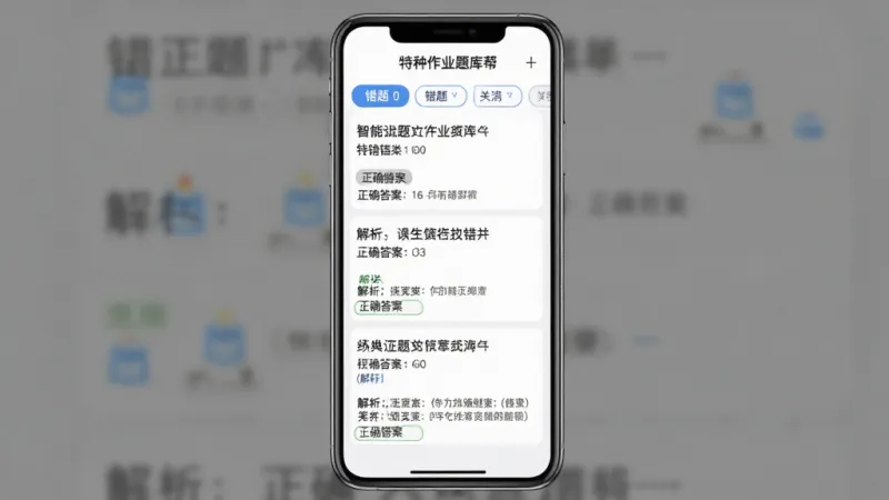特种作业题库帮app的智能错题本界面截图,手机屏幕显示错题列表,每道错题下方有正确答案和解析,顶部有错题分类筛选按钮,背景为白色,文字清晰,布局整齐,画质干净无多余元素