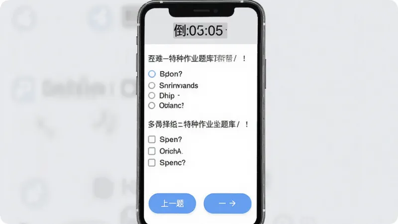 特种作业题库帮app的模拟考试界面截图,手机屏幕显示一张试卷,顶部有倒计时,中间是单选题和多选题,底部有上一题下一题按钮,整体背景为淡灰色,文字清晰,按钮圆润,风格扁平化,画质干净无多余元素