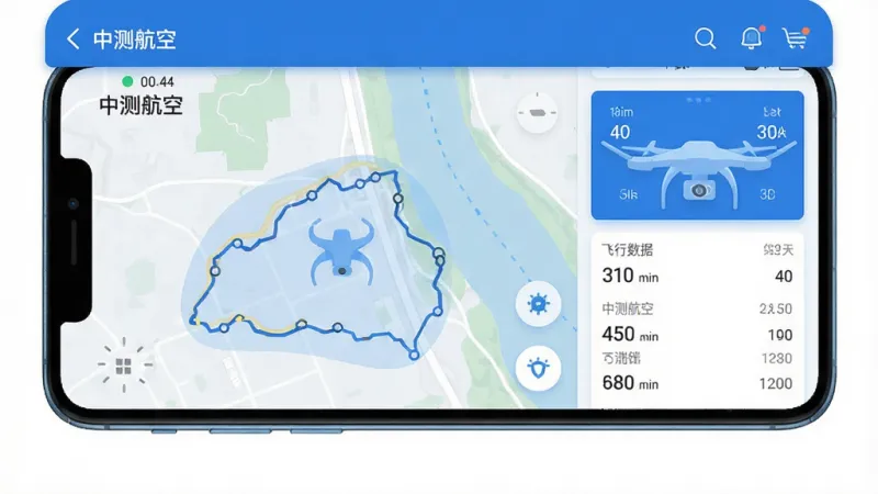 中测航空 手机应用主界面 展示无人机航线规划地图与飞行数据面板 蓝白配色 科技感 简洁扁平化设计 画质清晰 无多余元素