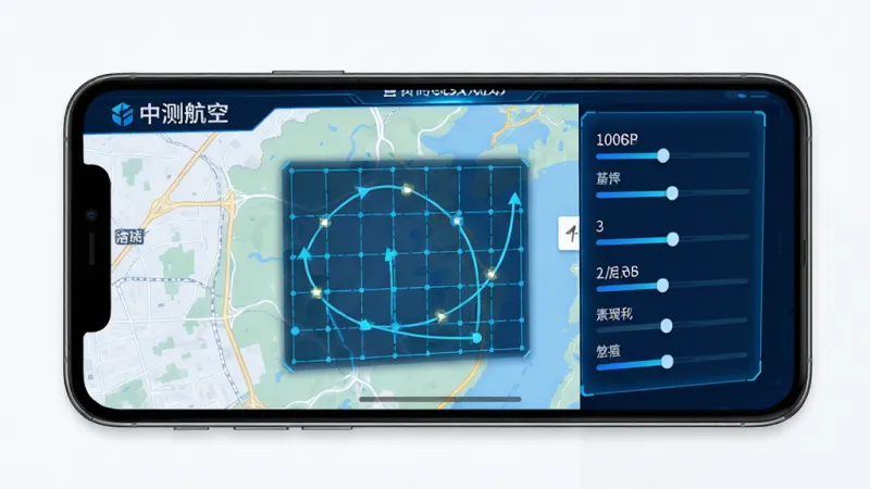 中测航空 智能航线规划界面 手机屏幕显示地图上自动生成的网格状飞行航线 带有参数设置滑块 科技蓝风格 细节清晰 画质干净