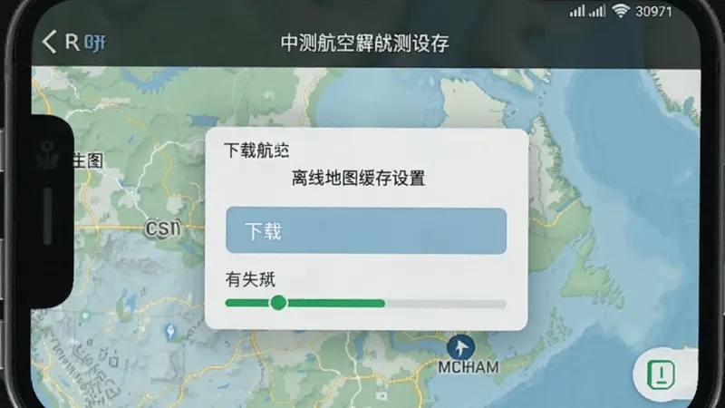 中测航空 离线地图缓存设置界面 手机显示下载区域选择框和进度条 地图背景 简洁实用风格