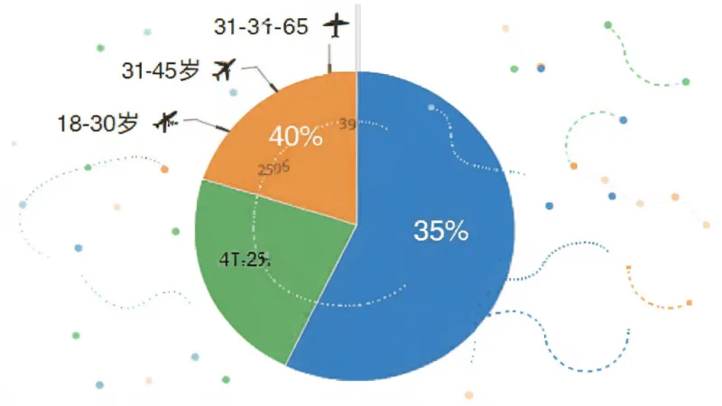 中测航空 用户年龄分布饼状图 显示18-30岁占35% 31-45岁占40% 46-60岁占25% 数据图表 简洁明了