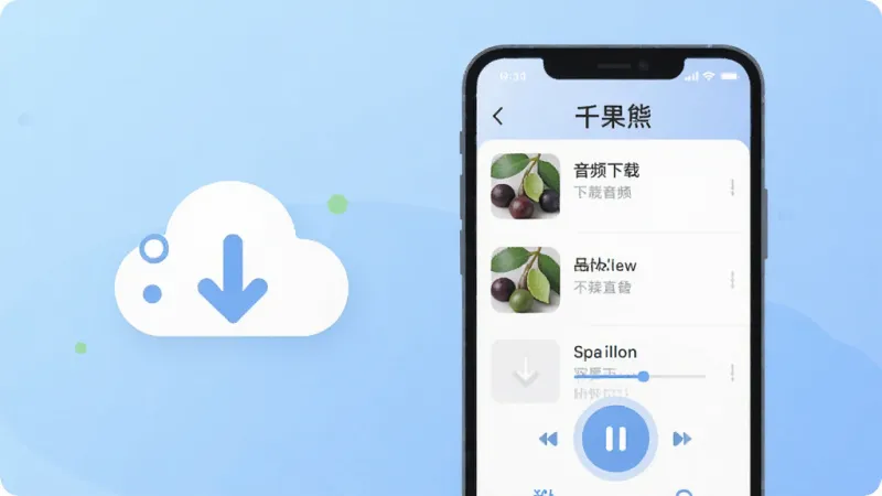 一张展示“千果”App离线缓存功能的手机界面截图风格插画,画面中手机屏幕显示音频下载列表和倍速播放按钮,旁边有云朵和向下箭头的图标表示下载,背景是柔和的蓝色渐变,布局清晰,风格扁平化,细节干净,画质清晰锐利