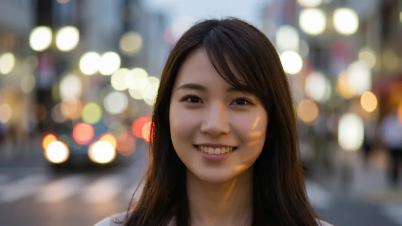 一张利用“人像相机”App拍摄的样张图片，画面主体是一位微笑的年轻女性，背景是城市街道的灯光，呈现出明显的背景虚化效果，人物清晰，光斑圆润，布局以人物为中心，风格写实自然，细节包括发丝边缘和面部光影，画质高清，干净无多余元素