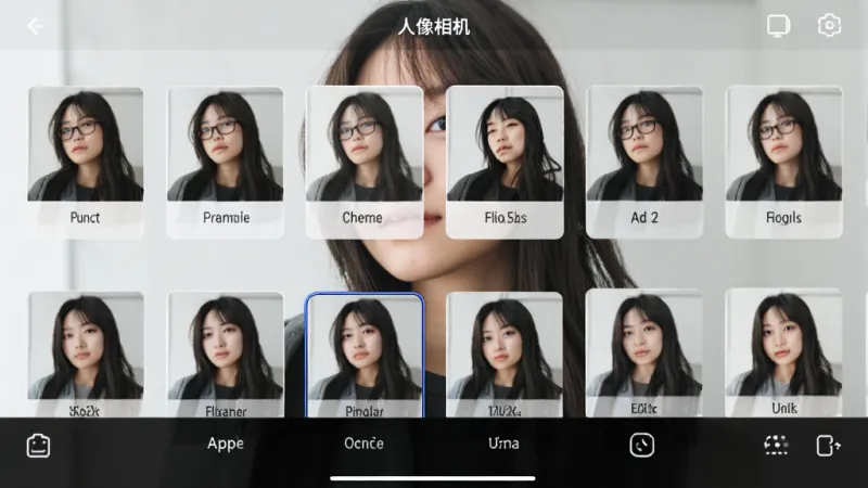 一张展示“人像相机”App滤镜选择界面的图片，画面是横向排列的滤镜缩略图，每个缩略图下方有滤镜名称，背景是人物照片预览，布局为底部横条，排版规整，风格简约，细节包括当前选中的滤镜高亮边框，画质清晰，干净无多余元素