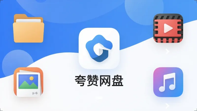 一张展示夸赞网盘手机App主界面的图片，画面中央是夸赞网盘的Logo和名称，周围环绕着文件夹、照片、视频、音乐等文件类型图标，背景是简洁的蓝白渐变，界面布局清爽，风格现代扁平，细节圆润，画质干净无多余元素