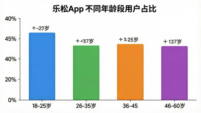 一张展示乐松App不同年龄段用户占比的柱状图图片,主体为白色背景上的彩色柱状图,横轴为年龄段标签包括18-25岁、26-35岁、36-45岁、46-60岁,纵轴为用户占比百分比,柱子颜色分别为蓝色、绿色、橙色、紫色,布局居中,排版清晰,风格数据可视化,细节标注明确,画质干净无多余元素