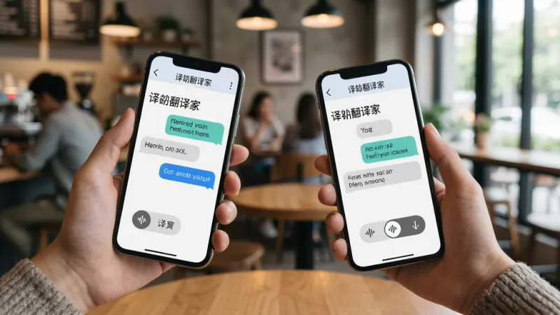 一张展示两个人拿着手机面对面交流的场景,手机屏幕上显示“译劭翻译家”的对话翻译界面,左侧有中文语音输入按钮,右侧有英文语音输入按钮,中间显示双语对话气泡,背景是咖啡厅,风格生活化