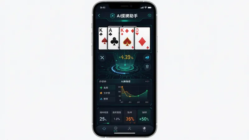 画面主体为AI捋牌助手软件界面,展示牌局分析功能,手机屏幕中呈现扑克牌排列和胜率百分比图表,布局分为上下结构上部为手牌下部为分析数据,排版清晰有序,风格为深色科技感,细节包含发光的线条和数字,画质干净无多余元素,图片中文字标注“AI捋牌助手