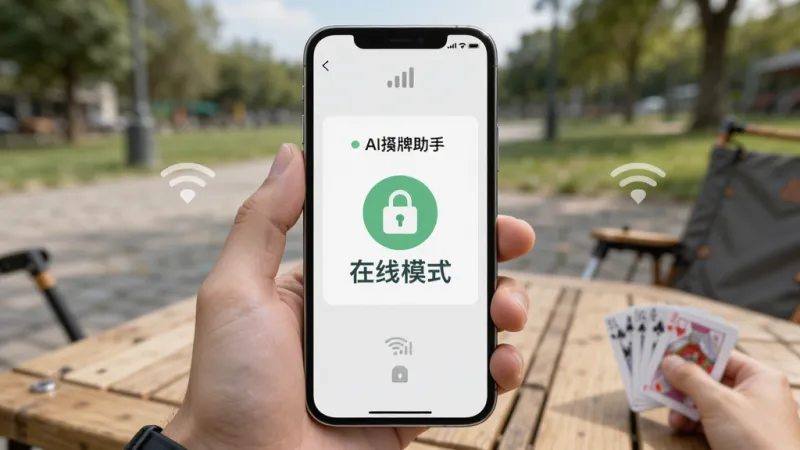 画面展示AI捋牌助手离线使用场景,主体是手机屏幕显示离线模式已开启的提示,周围环境为户外或网络信号弱的地方,布局中心为手机界面,排版突出离线标志,风格简约实用,细节包含信号图标和锁形图标,画质干净无多余元素,图片中文字“AI捋牌助手
