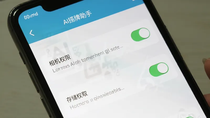 画面展示AI捋牌助手在手机上的安装权限设置界面,主体为手机屏幕显示权限管理页面,布局为列表式选项,排版清晰,风格为系统设置界面常见样式,细节包含相机权限开关和存储权限开关,画质干净无多余元素,图片中文字“AI捋牌助手