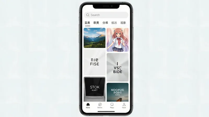 亚麻壁纸软件主界面展示,手机屏幕竖版构图,顶部搜索栏和分类标签,中间是瀑布流排列的高清壁纸缩略图,包含风景、动漫、极简、文字等多种风格,底部导航栏简洁清晰,整体色调清爽干净,界面无广告弹窗,画质高清,细节丰富,排版整齐,风格现代扁平,无多余元素