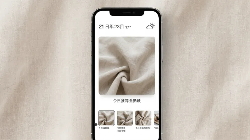 亚麻壁纸每日推荐页面,手机屏幕展示,背景是柔和的亚麻色纹理,页面中央是今日推荐壁纸的大图预览,下方有缩略图滑动栏,顶部显示日期和天气图标,整体排版留白舒适,风格文艺清新,画质细腻,无杂乱元素