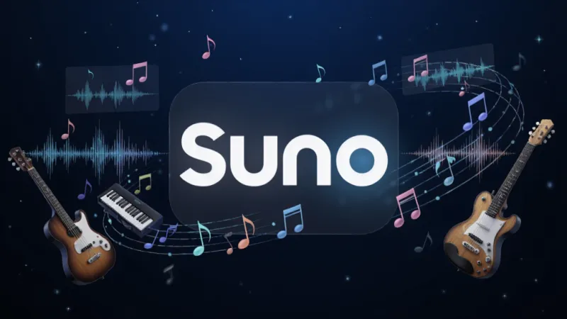 一个充满未来感的音乐创作界面,画面中央是发光的Suno标志,周围环绕着漂浮的音符、波形图和虚拟乐器,背景是深蓝色渐变星空,风格科技感十足,细节精致,画质干净无多余元素