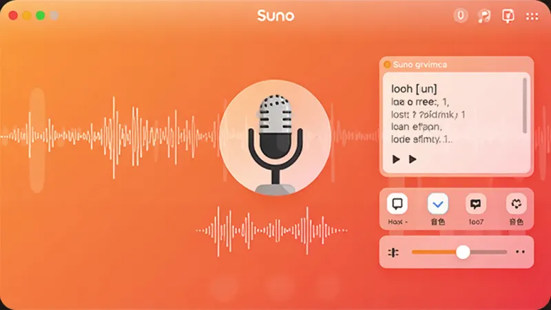 Suno人声合成功能界面,画面中央是麦克风图标和声波可视化效果,旁边有歌词输入框和音色选择滑块,背景是温暖的橙红色调,风格现代,画质干净无多余元素