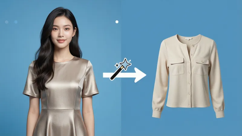 一张展示AI模特换装一键换装功能的生图，画面主体是一位年轻女性站在纯色背景前，身上穿着一件连衣裙，旁边有一个箭头指向另一件不同款式的上衣，箭头中间有一个魔法棒图标，布局为左右对比形式，风格为时尚杂志排版，细节上人物发丝清晰，衣服材质有质感，画质为高清，干净，无多余元素。